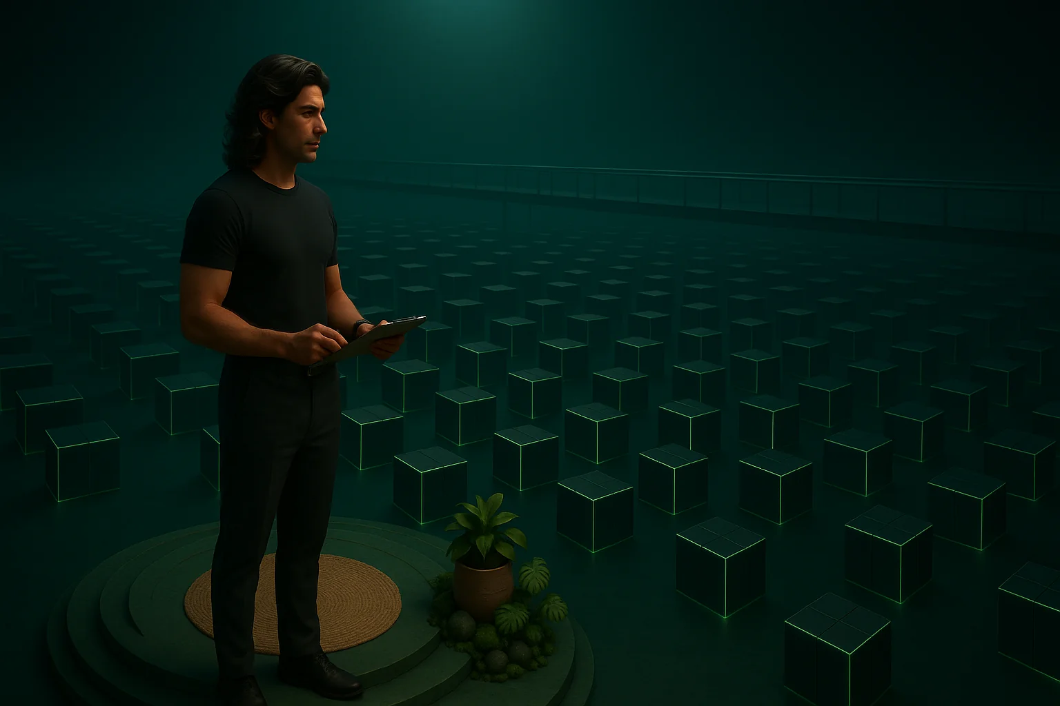 A vast hangar of glowing emerald cubes with a founder on a catwalk above, surveying them like an architect.