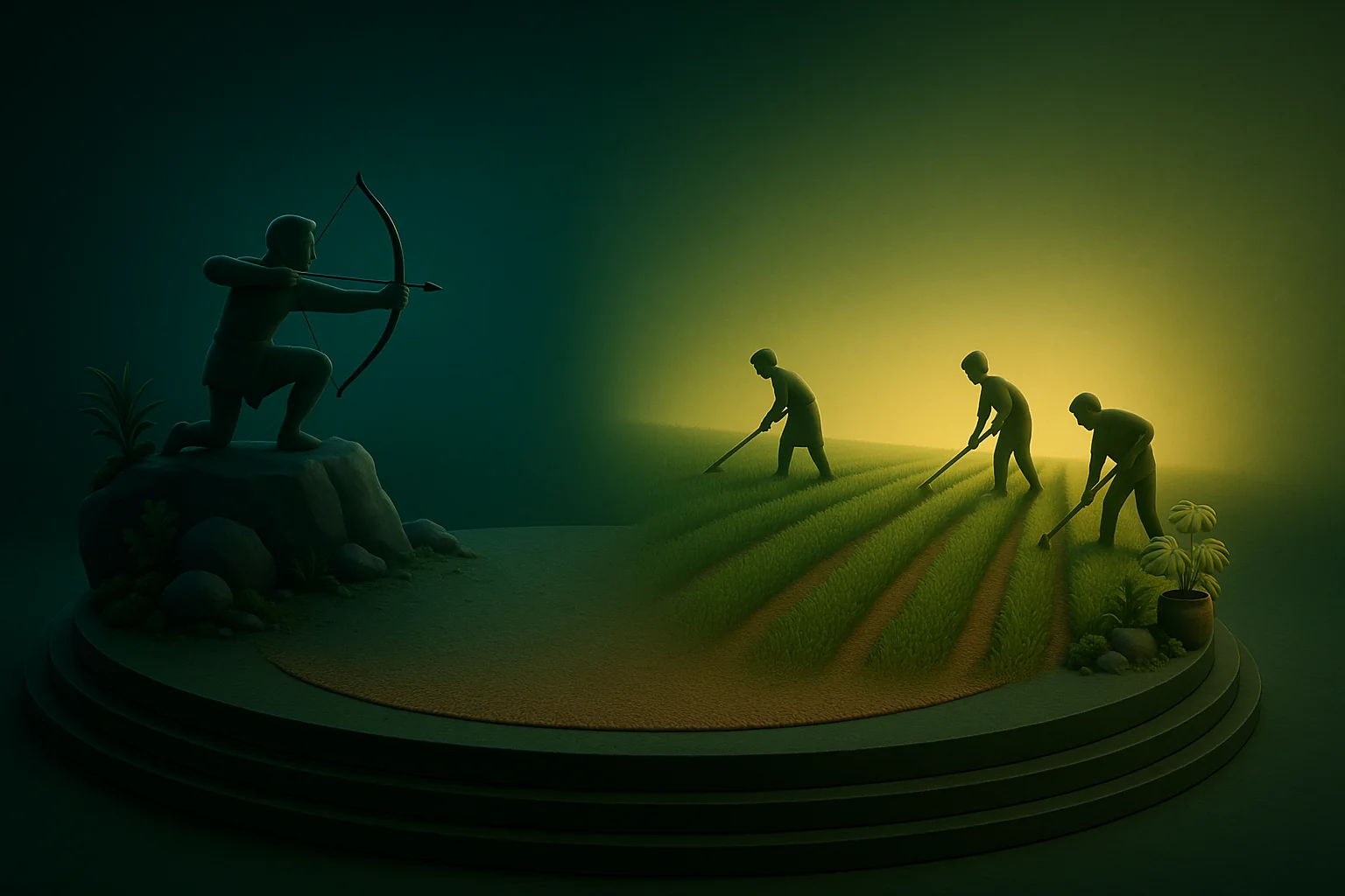 A split scene: a lone hunter on a moonlit ridge and a village of farmers tending fields at sunrise.