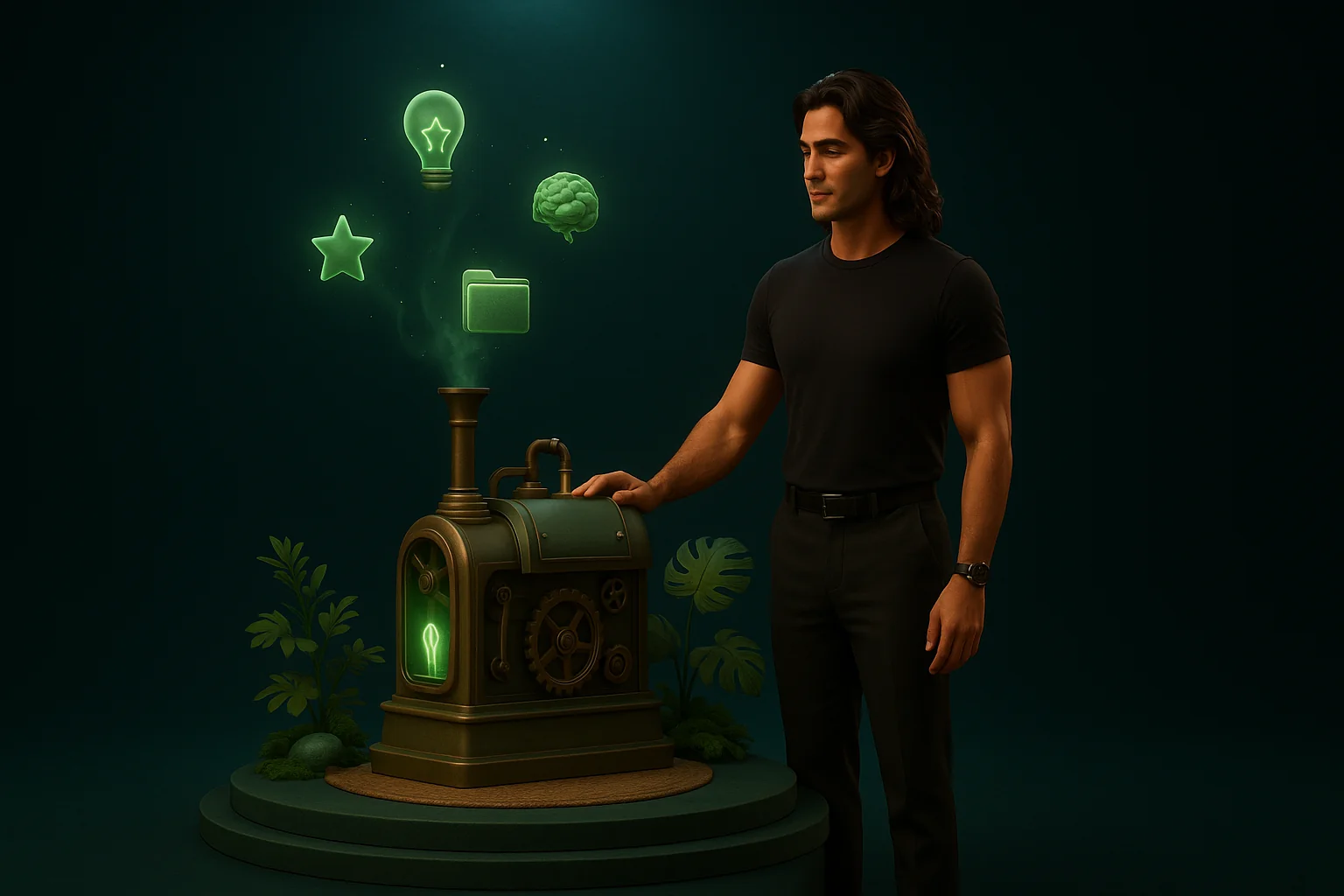 A brass-and-emerald engine with small glowing ideas floating out of its exhaust.
