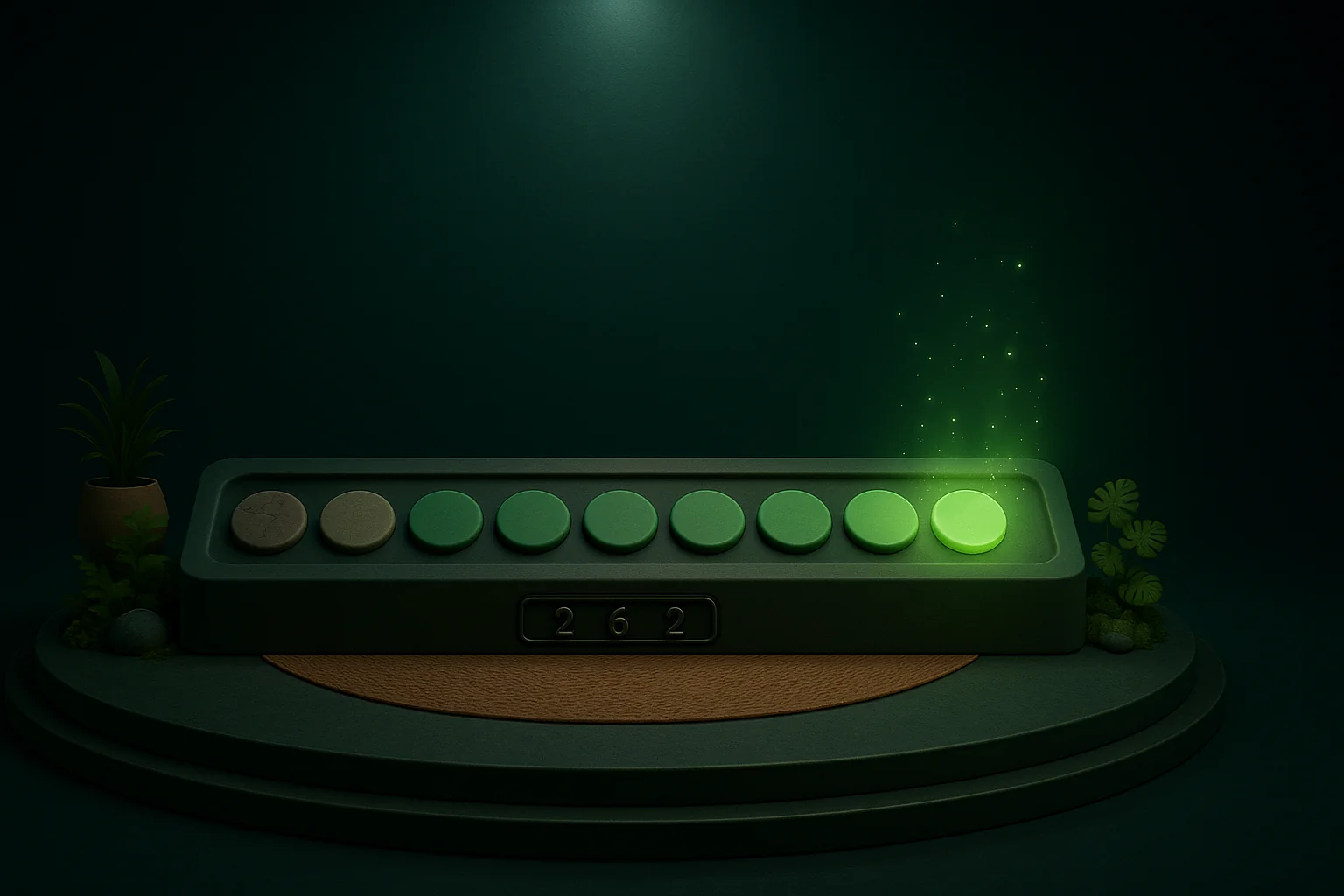 A row of ten task tokens split two-six-two: two weak and grey, six solid emerald, two glowing as extraordinary.
