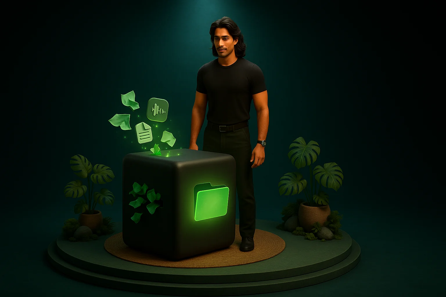 A black cube — messy notes feeding into one slot, a polished deliverable coming out the other, the founder standing outside it.