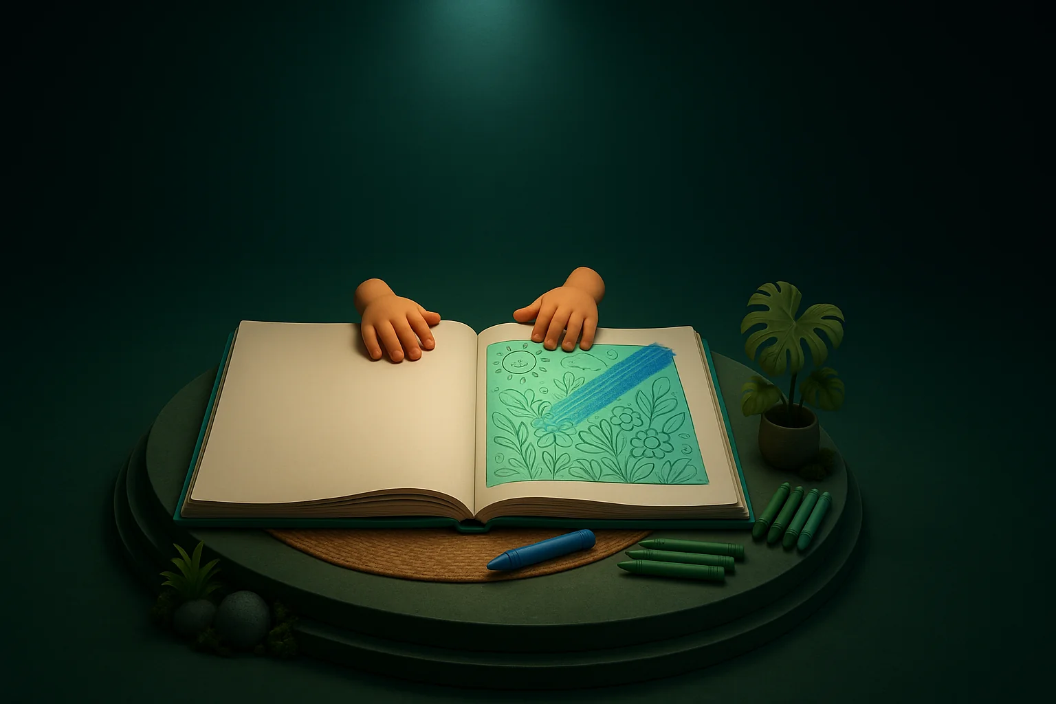 A beautifully colored kid's coloring-book page with one foreign blue crayon stroke in the corner, small hands frozen above it.