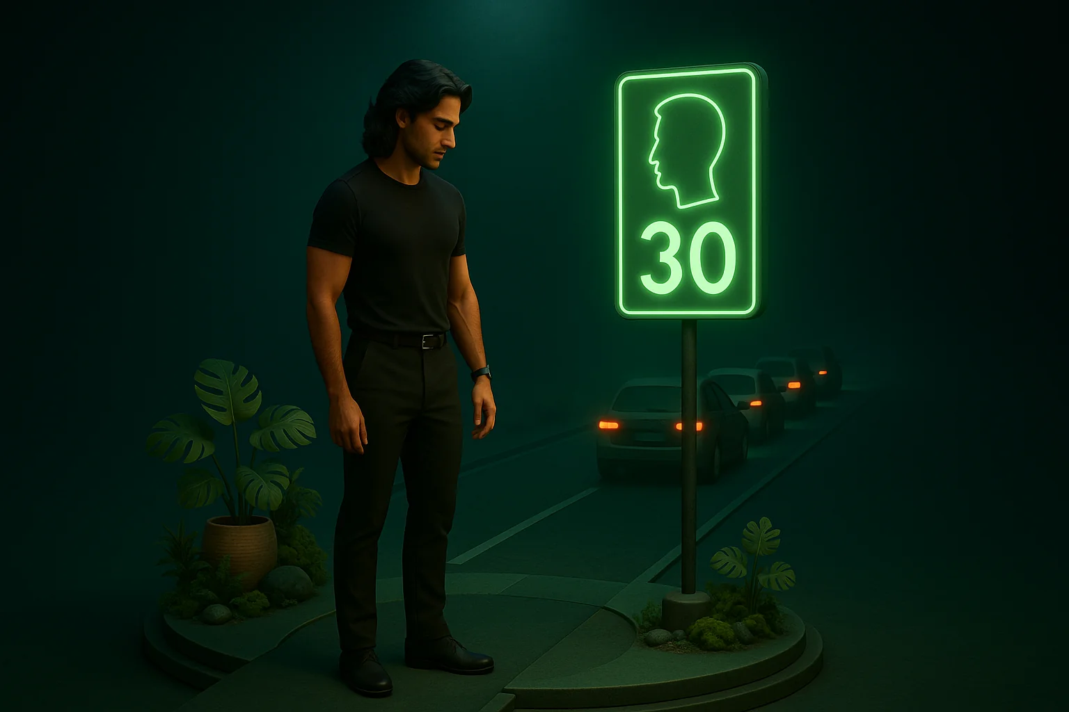 A highway speed-limit sign shaped like a founder's silhouette with the team's cars backed up behind it.