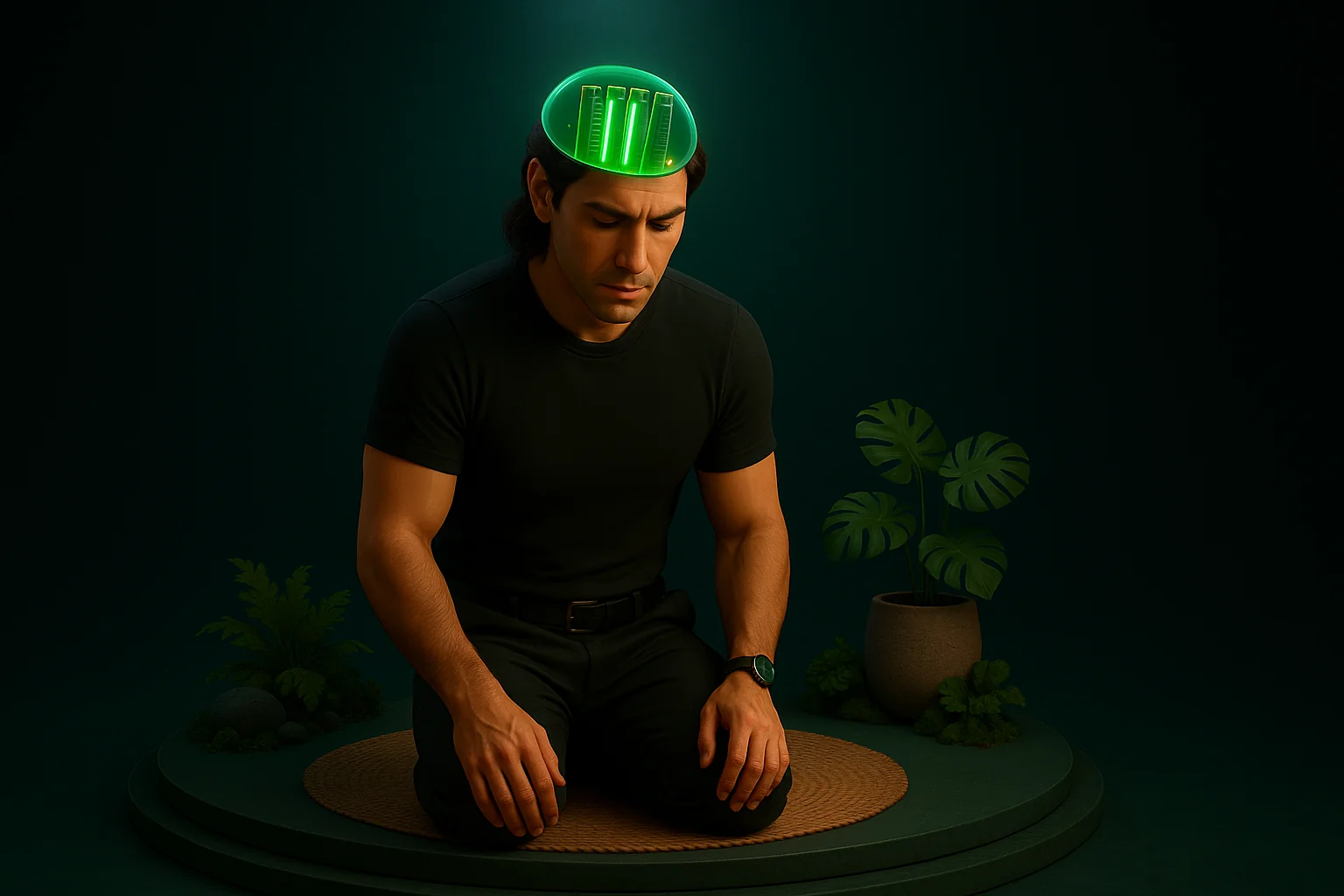 A cutaway skull with four glowing RAM sticks — three plugged in and overheating, one blinking red.