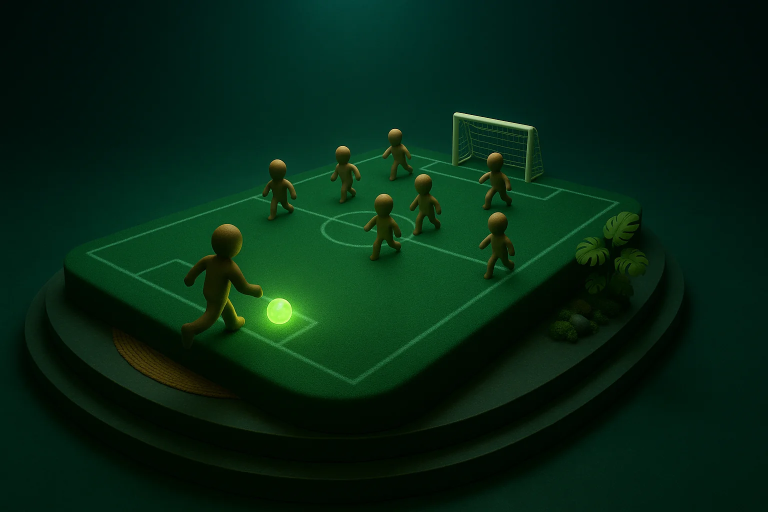 Top-down view of a soccer field, players moving the ball toward a distant goal, the founder playing it from midfield instead of waiting at the net.