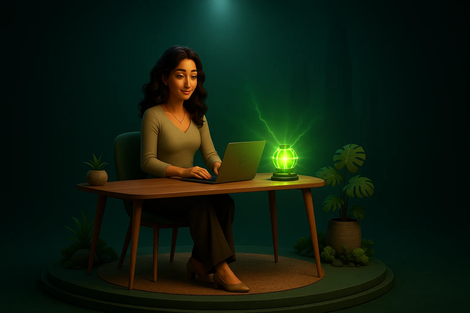 An assistant at a normal desk with a small glowing reactor humming beside the laptop, dwarfing the city behind it.