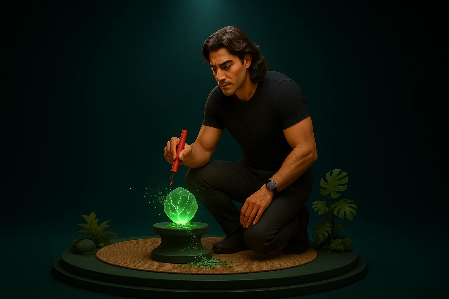 A glowing artifact on a pedestal crumbling to dust where a giant red pen circles a single typo.
