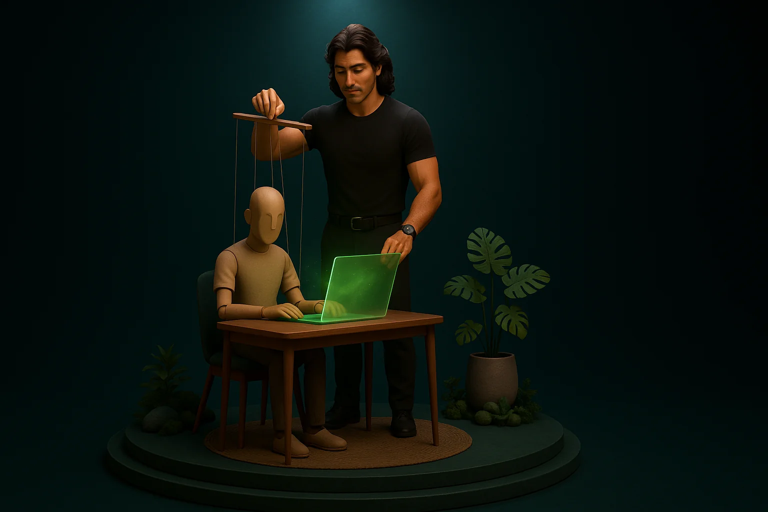 A founder as a puppeteer holding strings tied to a wooden marionette slumped at a desk.