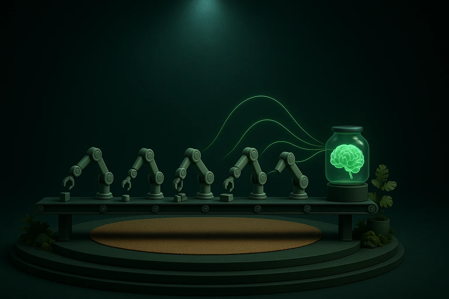 A conveyor belt of disembodied robotic hands directed by a single glowing brain in a jar.