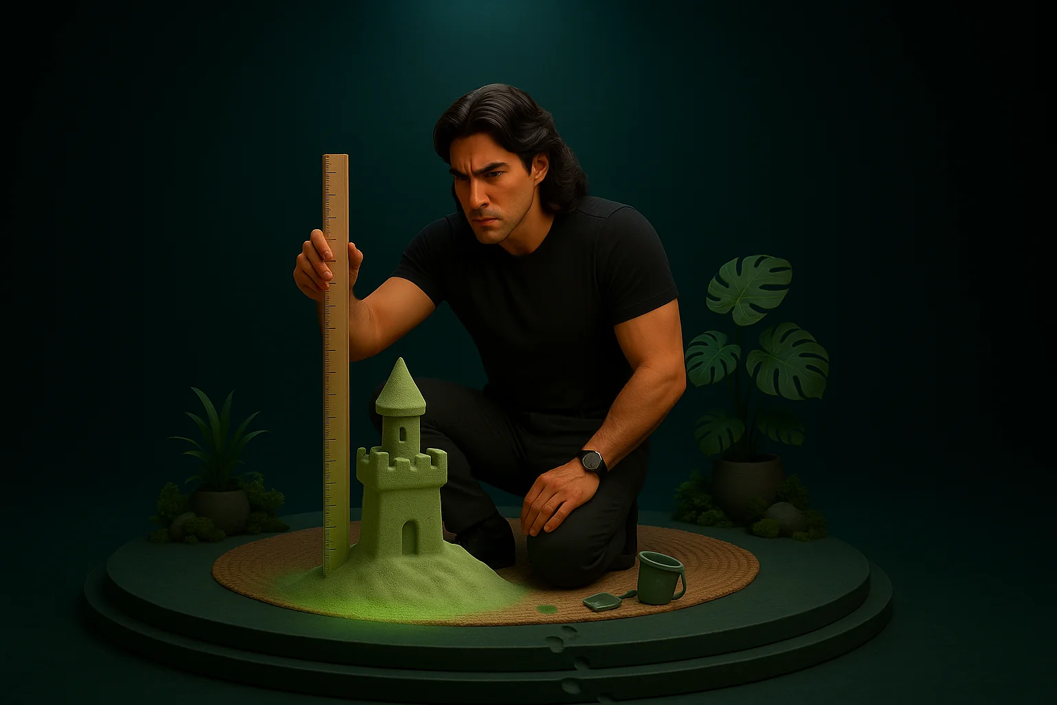 A child's sandcastle with a giant ruler measuring its tower disapprovingly, footprints walking away.