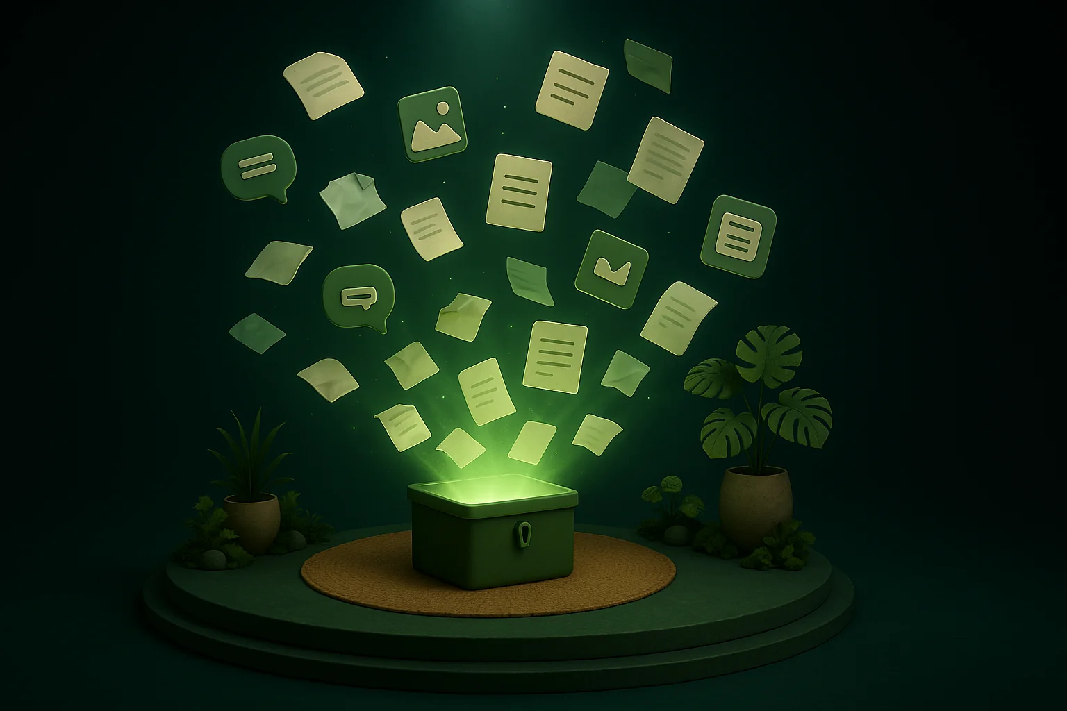Scraps of paper, voice-memo bubbles, screenshots and documents streaming into a single glowing vault.