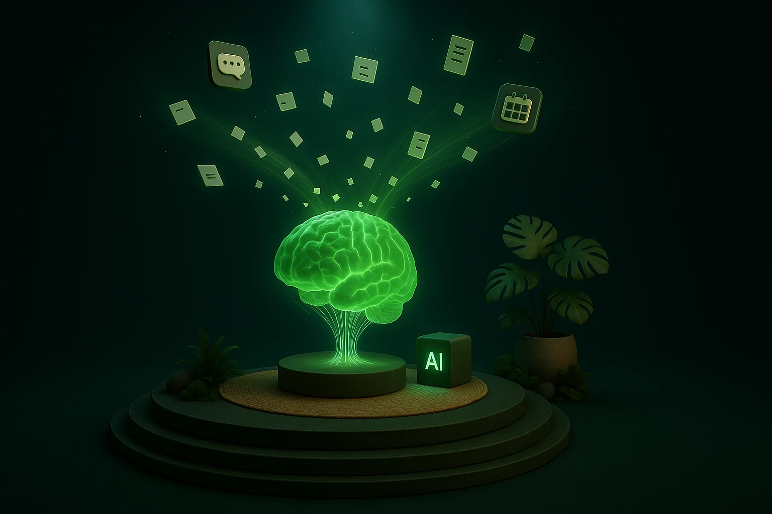A glowing translucent brain on a pedestal fed by streams of notes, voice memos and photos, wired into a small AI core.