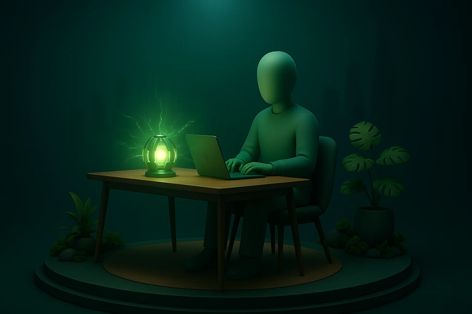 An assistant at a desk beside a small but powerfully glowing reactor, dwarfing the city behind it.